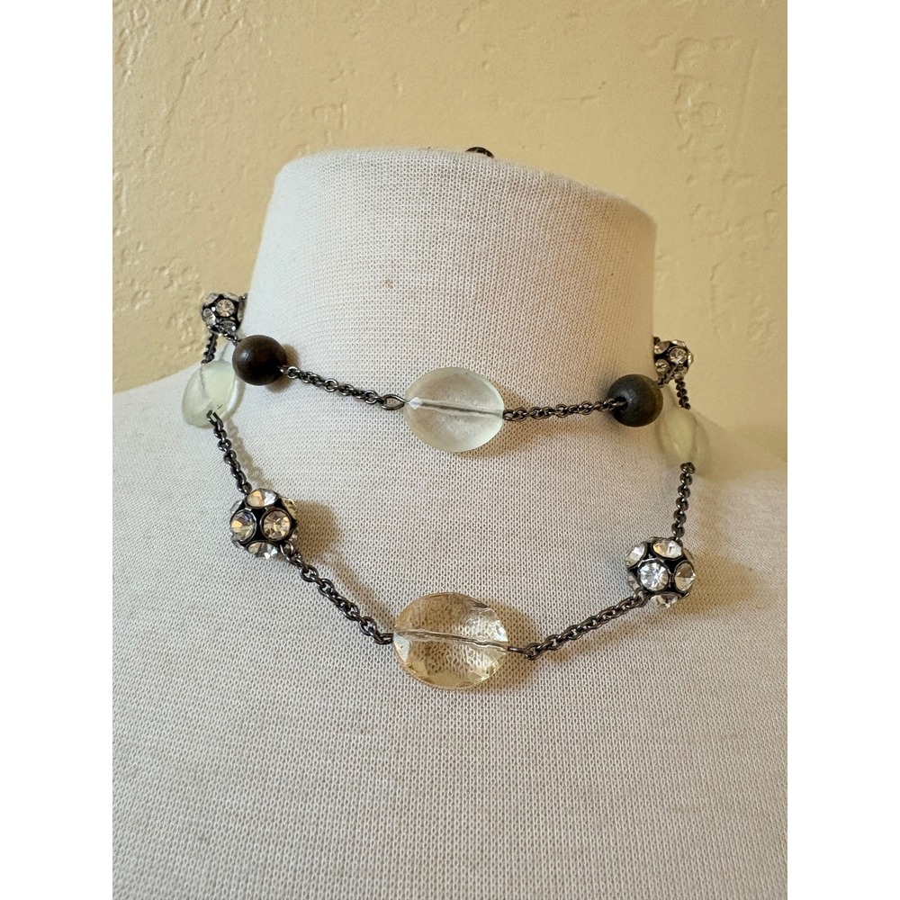 Lauren Conrad LC Gunmetal Layered Necklace Glass Wood Rhinestone Beads Boho